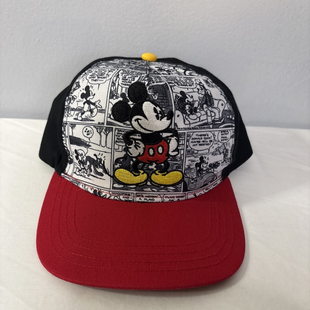 Disney Mickey Mouse Snapback Hat Comic Strip Panel Black Red Adjustable Cap